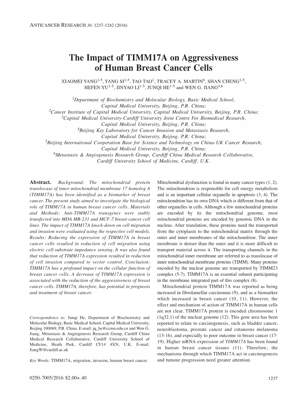 The Impact of TIMM17A on Aggressiveness of Human Breast Cancer Cells