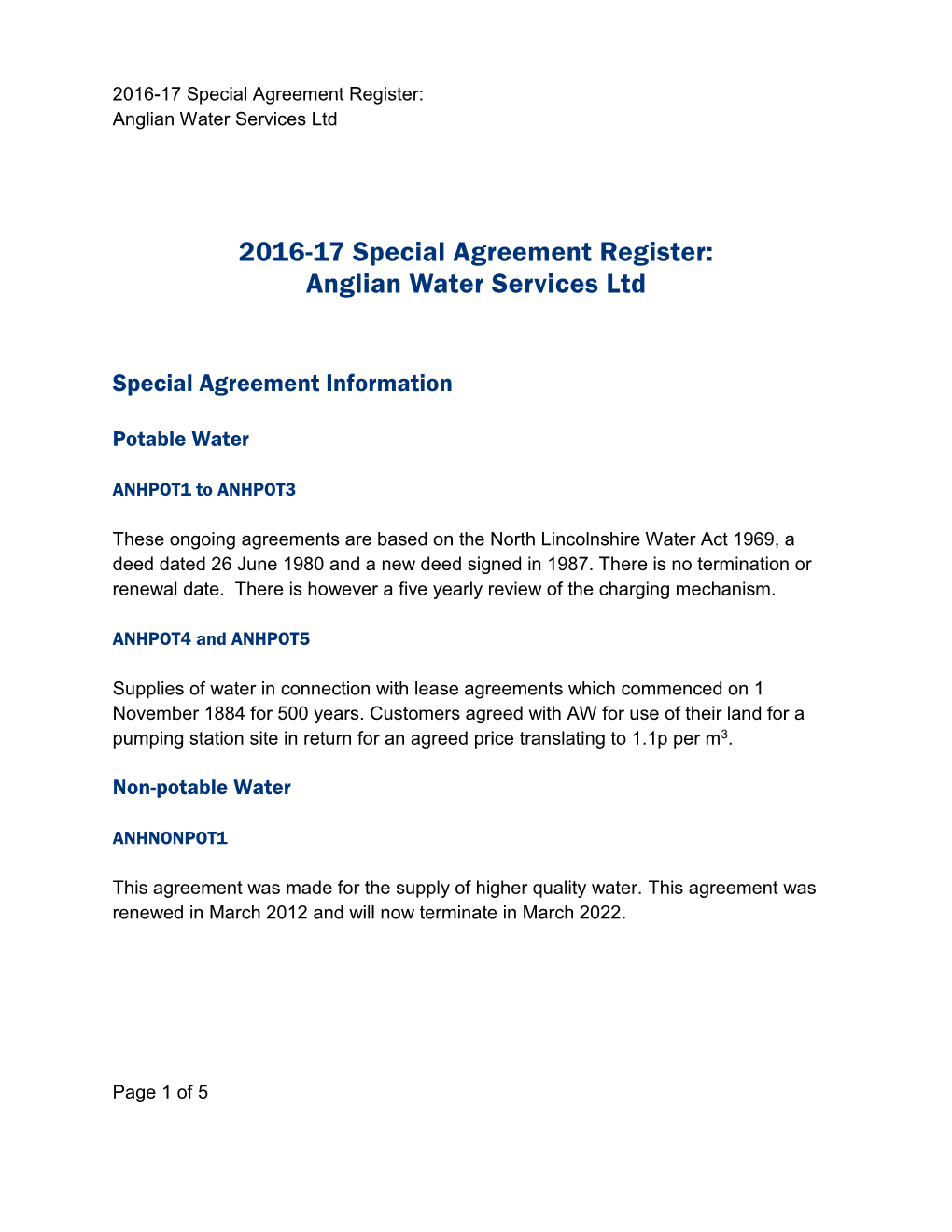 2016-17 Special Agreement Register: Anglian Water Services Ltd