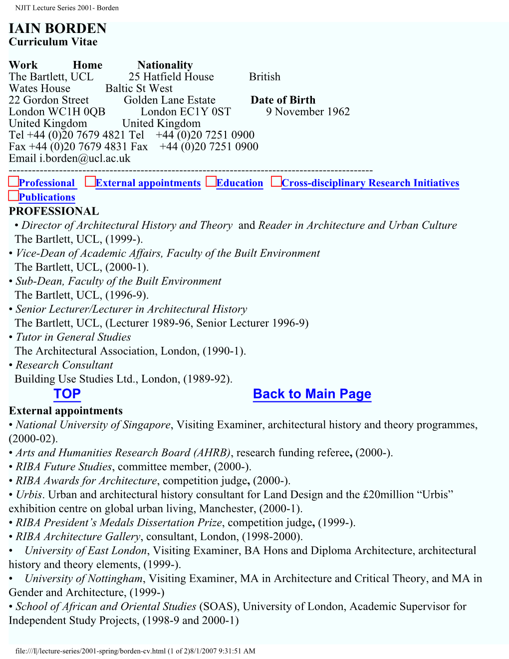 NJIT Lecture Series 2001- Borden IAIN BORDEN Curriculum Vitae