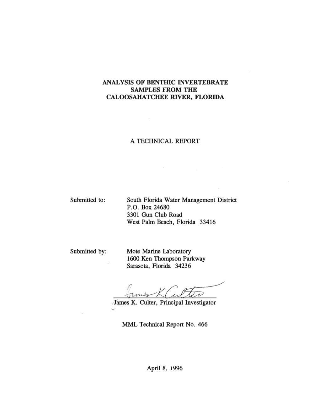 ANALYSIS of BENTIDC INVERTEBRATE SAMPLES from the Caloosahatcheerlver, Florida