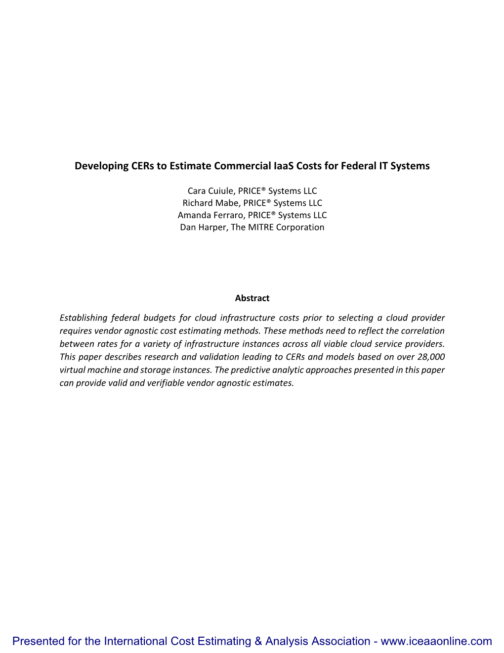 Developing Cers to Estimate Commercial Iaas Costs for Federal IT Systems
