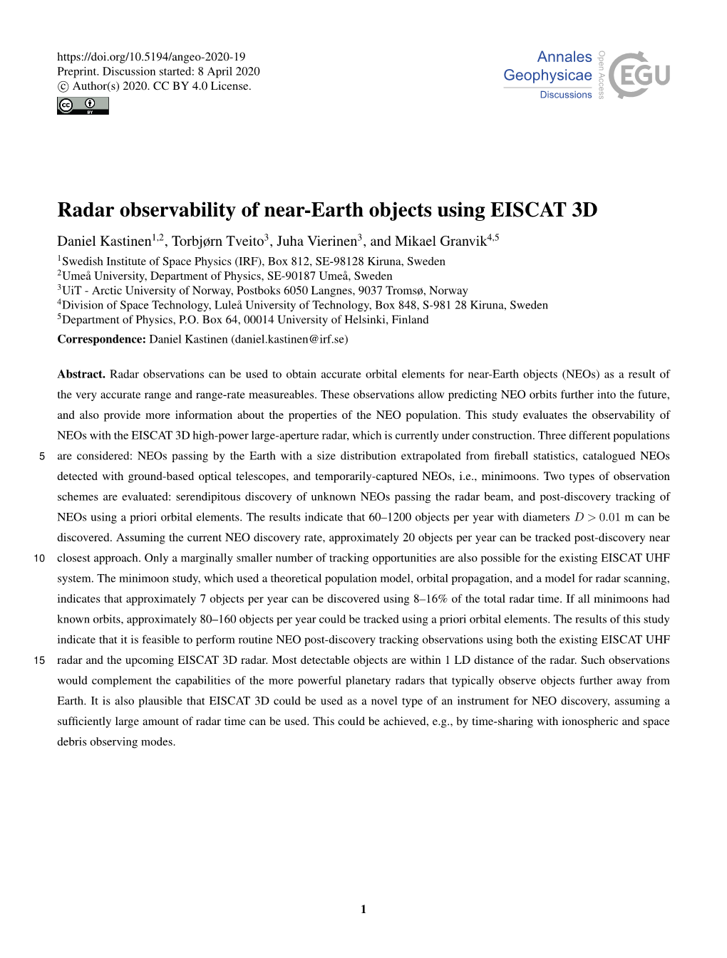 Radar Observability of Near-Earth Objects Using EISCAT 3D