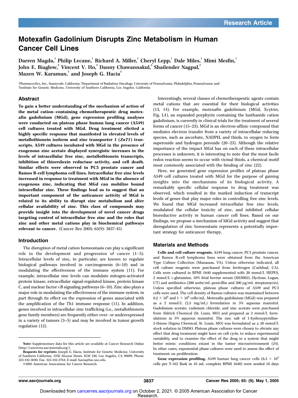 Motexafin Gadolinium Disrupts Zinc Metabolism in Human Cancer Cell Lines