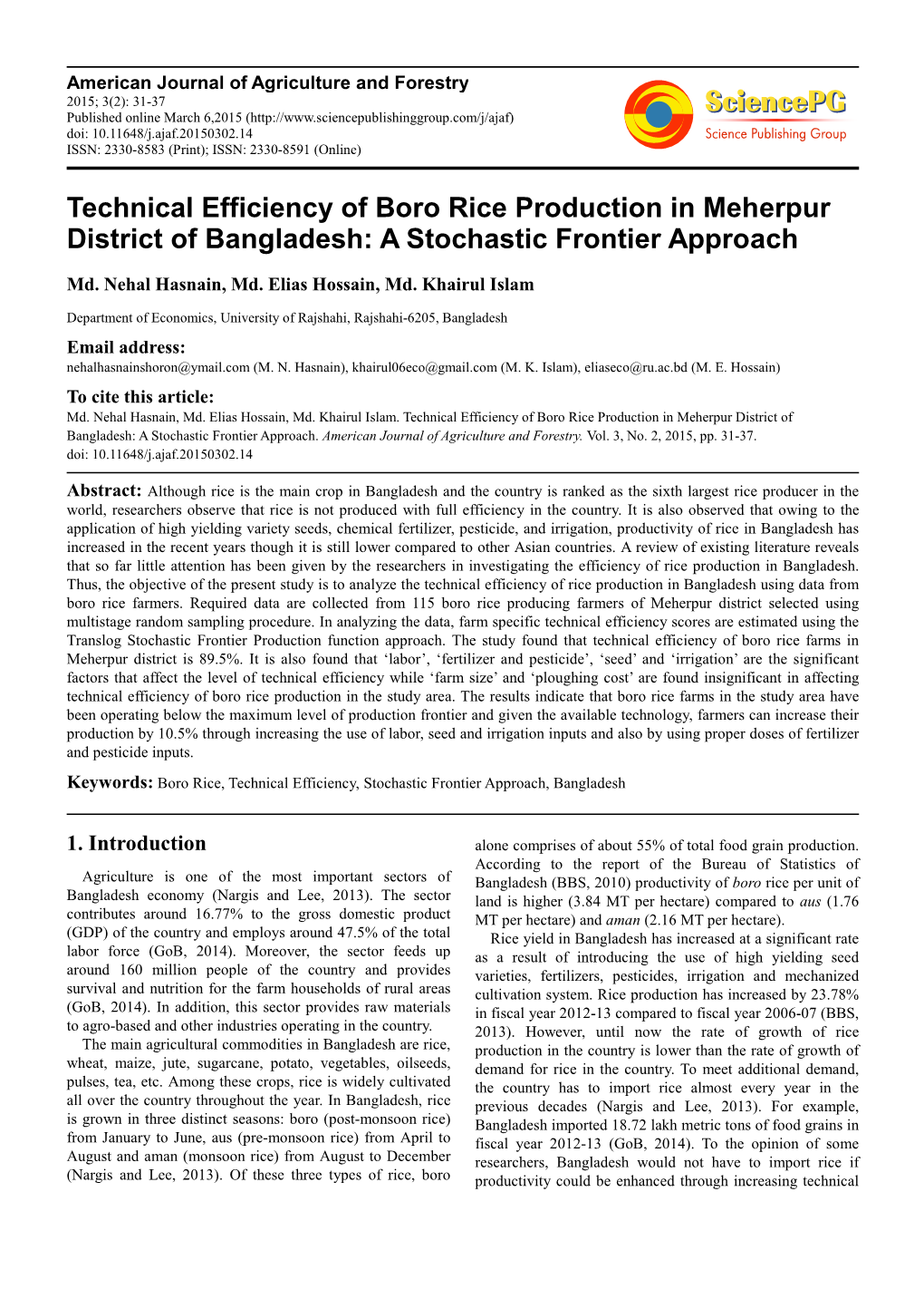 Technical Efficiency of Boro Rice Production in Meherpur District of Bangladesh: a Stochastic Frontier Approach