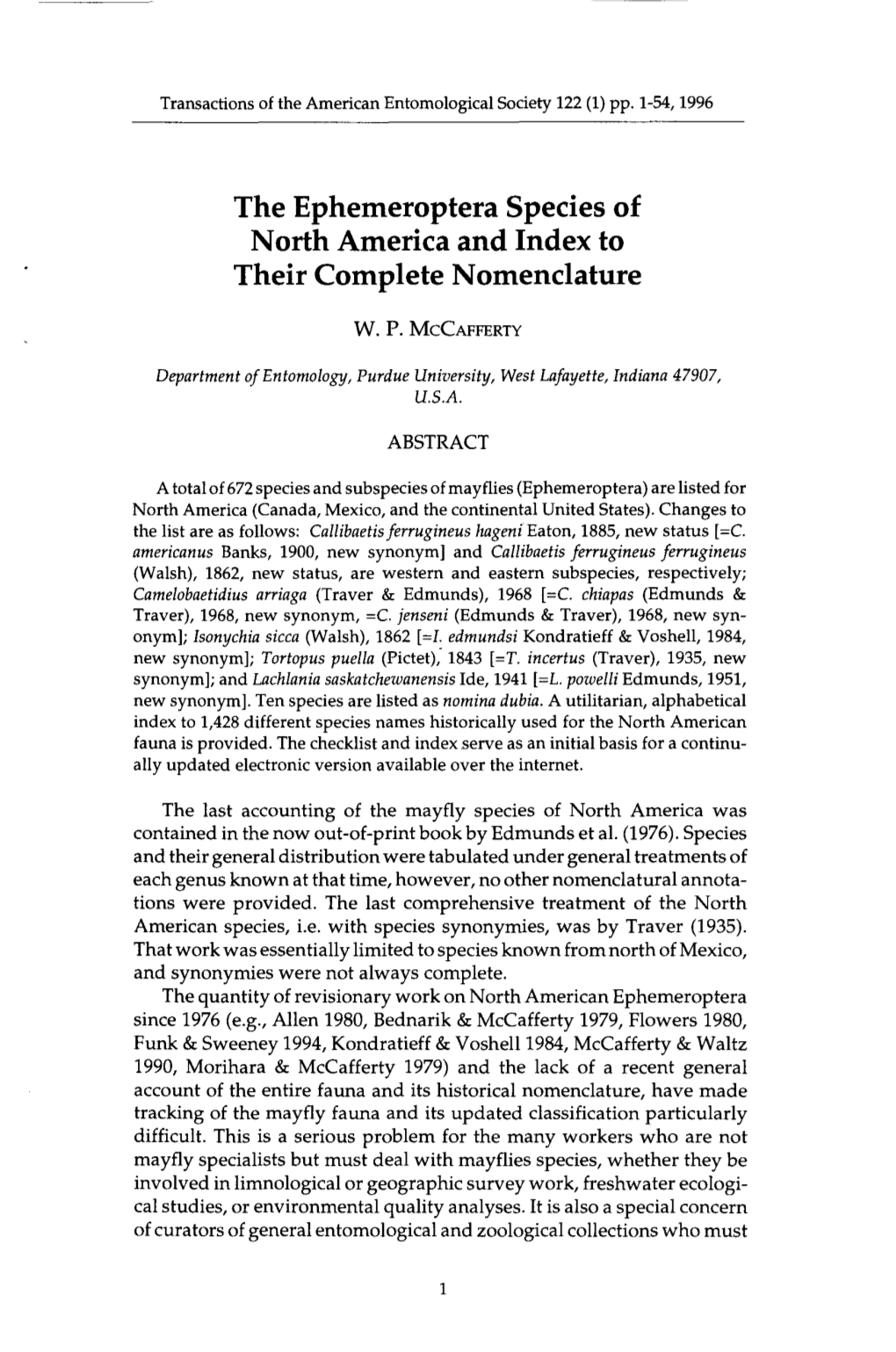 The Ephemeroptera Species of North America and Index to Their Complete Nomenclature