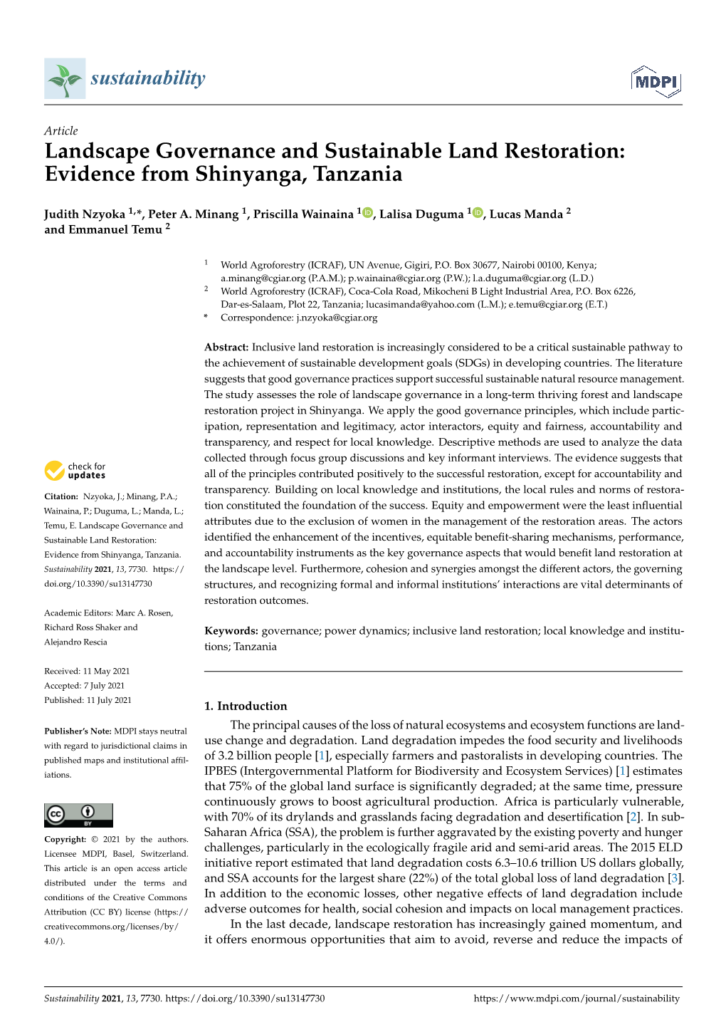 Landscape Governance and Sustainable Land Restoration: Evidence from Shinyanga, Tanzania