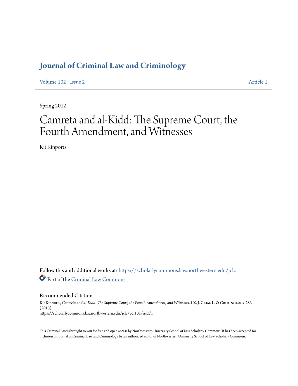 The Supreme Court, the Fourth Amendment, and Witnesses, 102 J