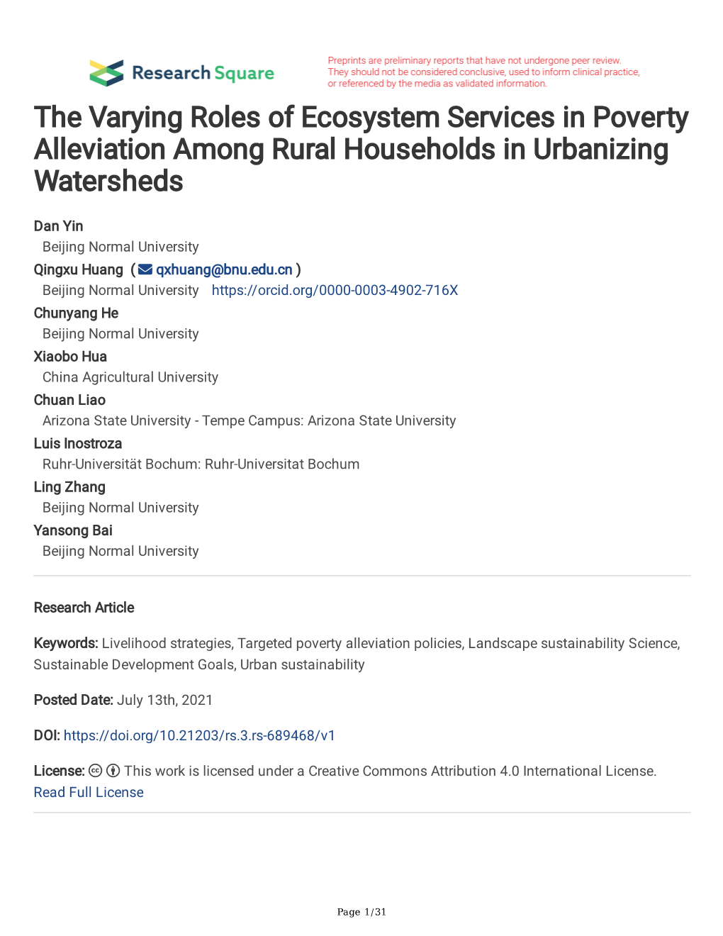 The Varying Roles of Ecosystem Services in Poverty Alleviation Among Rural Households in Urbanizing Watersheds