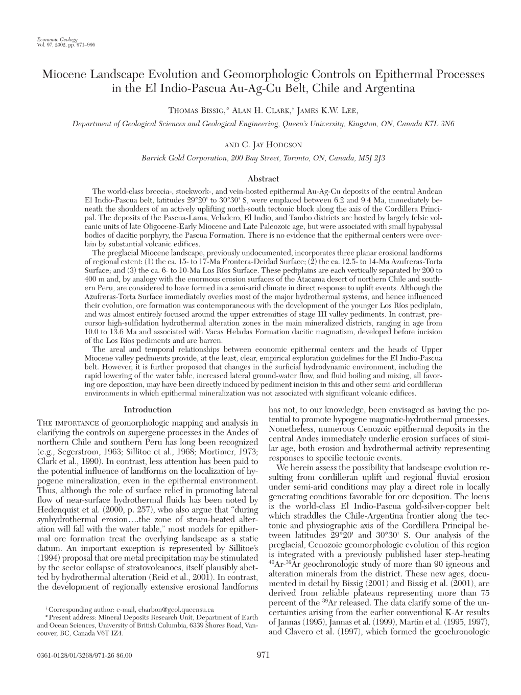 Miocene Landscape Evolution and Geomorphologic Controls on Epithermal Processes in the El Indio-Pascua Au-Ag-Cu Belt, Chile and Argentina