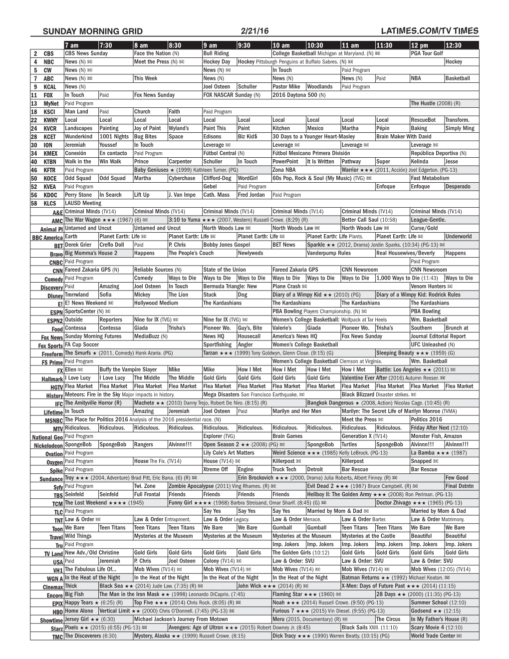 Sunday Morning Grid 2/21/16 Latimes.Com/Tv Times