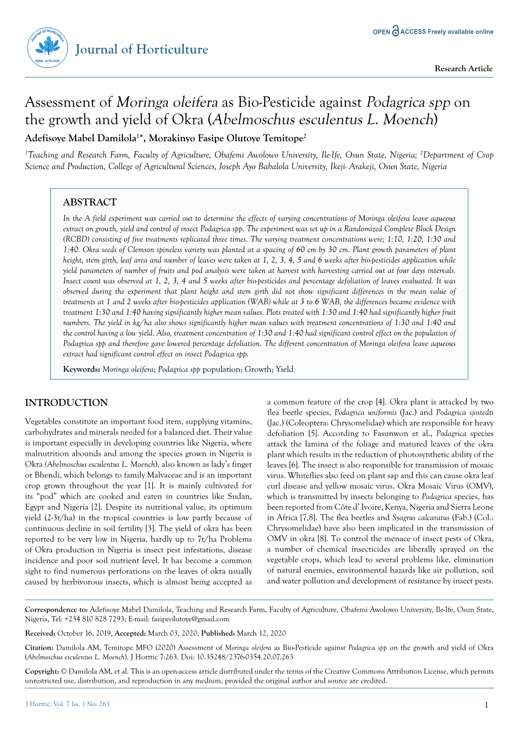 Assessment of Moringa Oleifera As Bio-Pesticide Against Podagrica Spp on the Growth and Yield of Okra (Abelmoschus Esculentus L