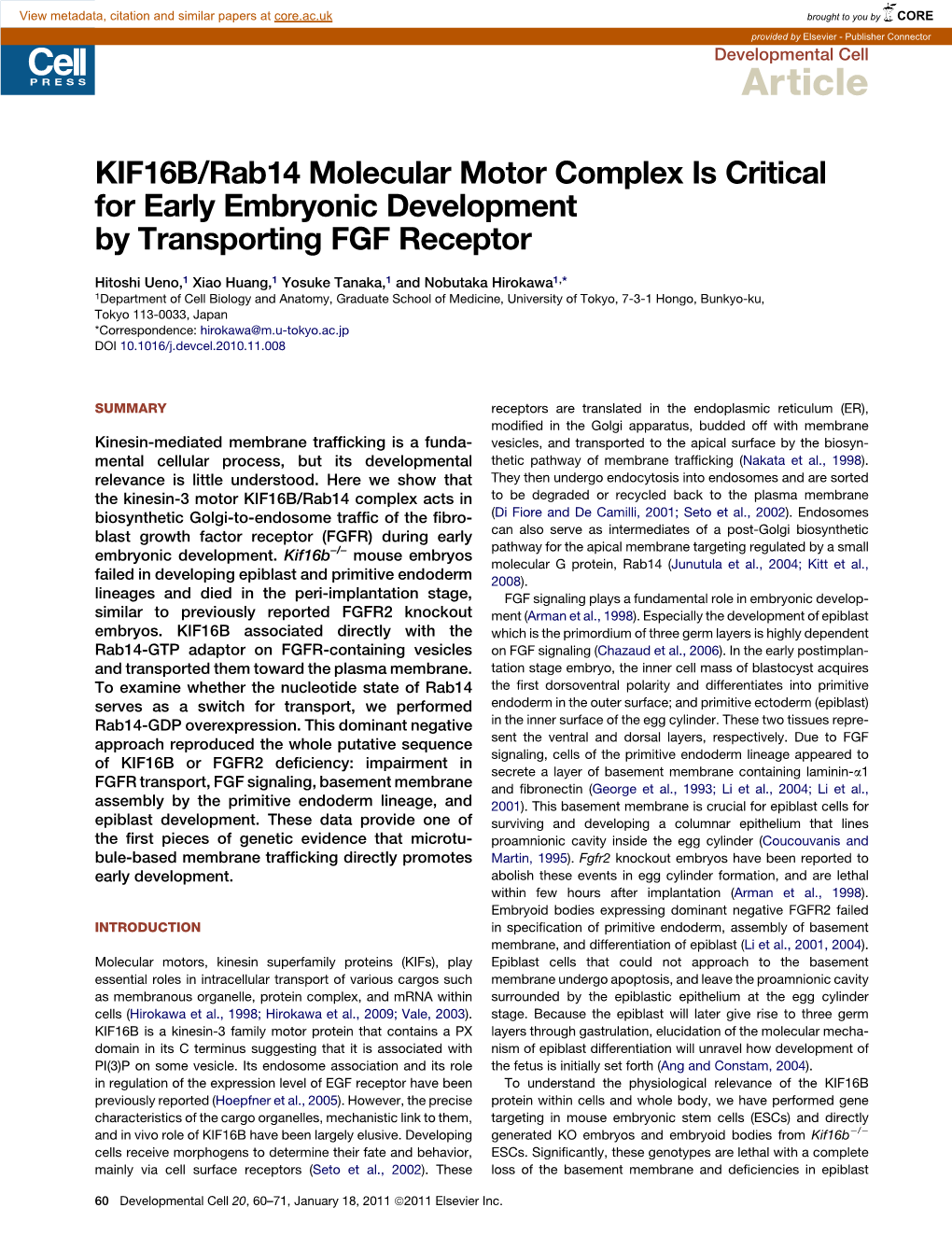 KIF16B/Rab14 Molecular Motor Complex Is Critical for Early Embryonic Development by Transporting FGF Receptor