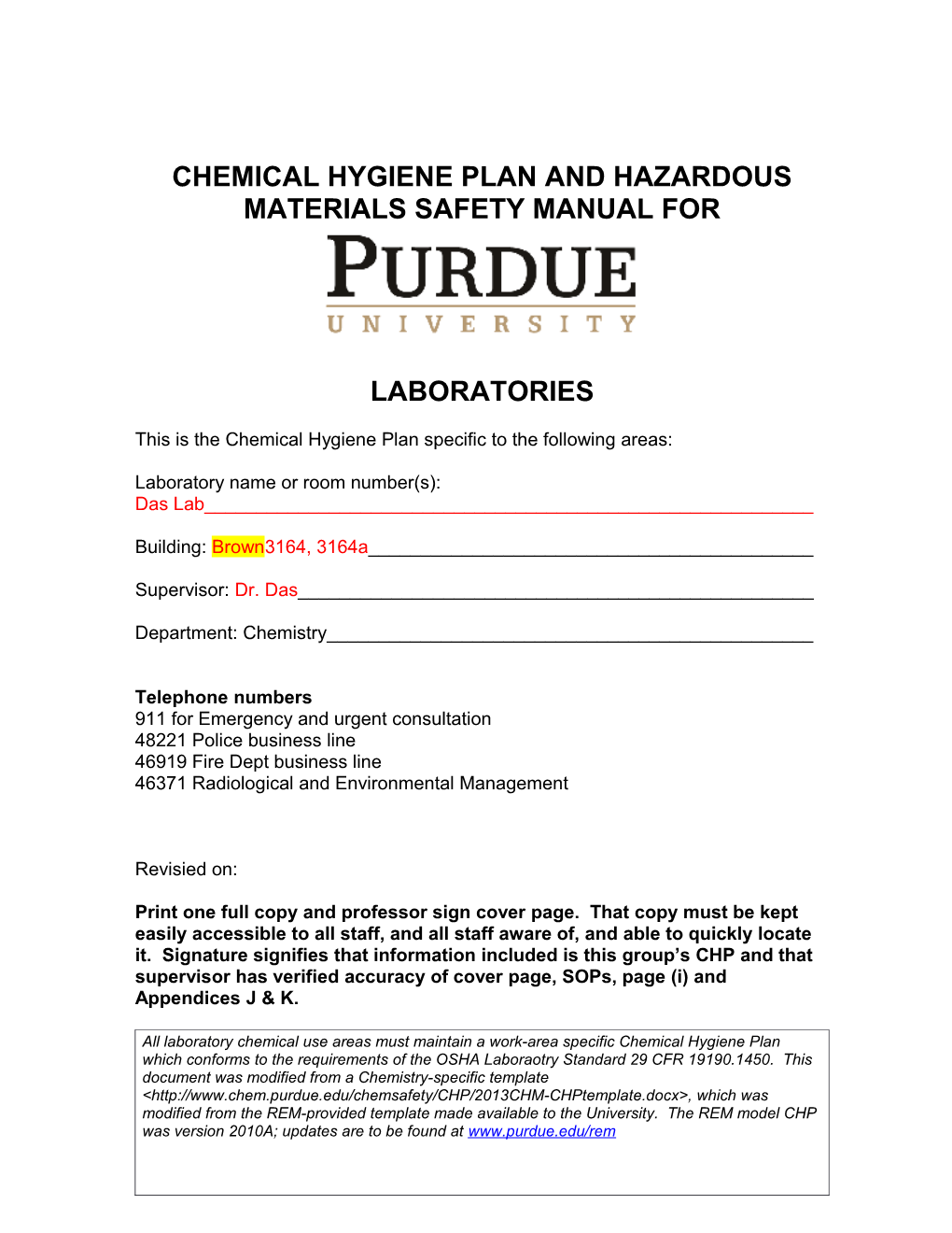 This Is the Chemical Hygiene Plan Specific to the Following Areas s1