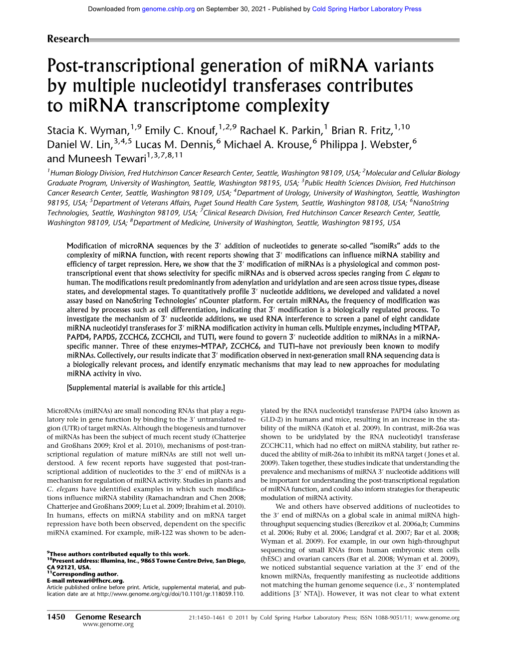 Post-Transcriptional Generation of Mirna Variants by Multiple Nucleotidyl Transferases Contributes to Mirna Transcriptome Complexity