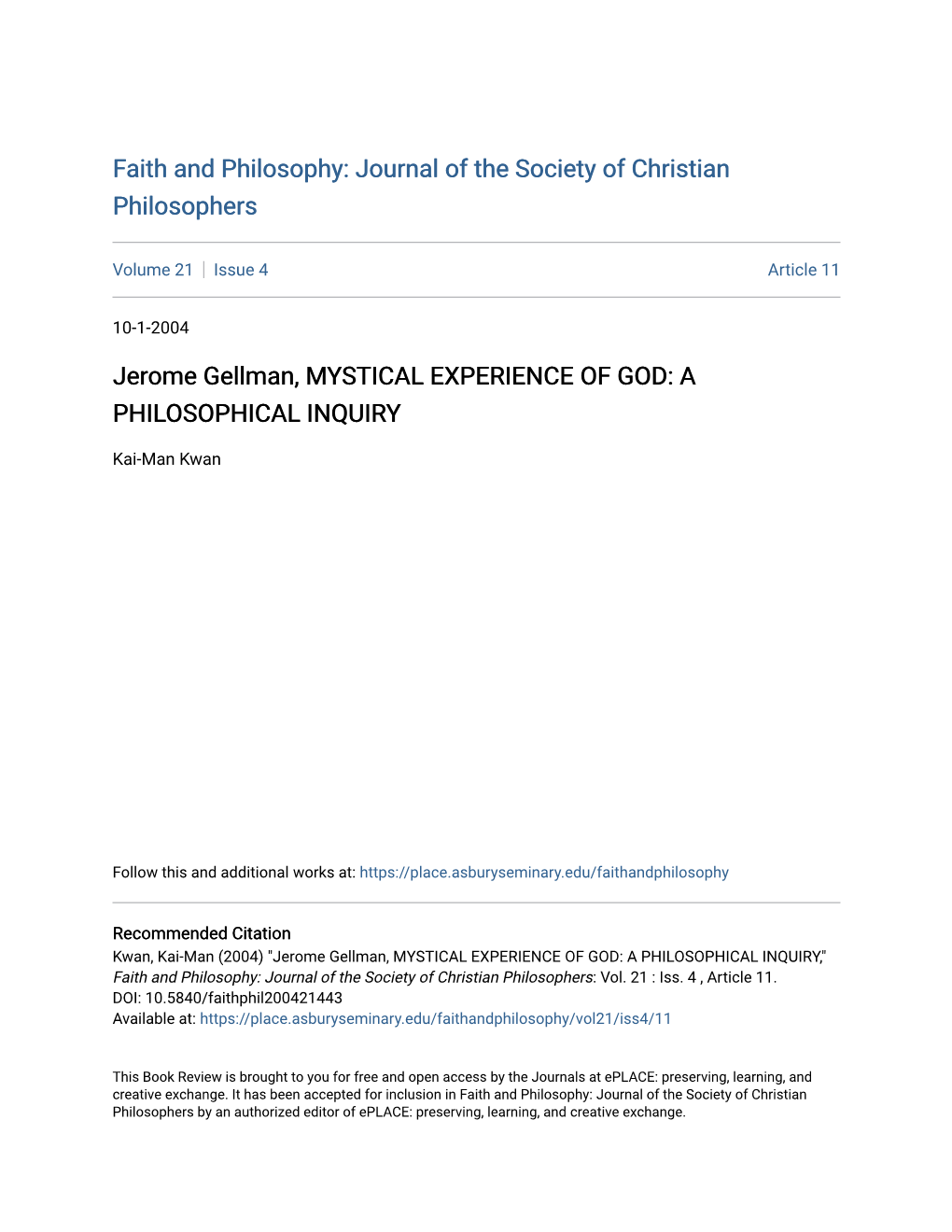 Jerome Gellman, MYSTICAL EXPERIENCE of GOD: a PHILOSOPHICAL INQUIRY