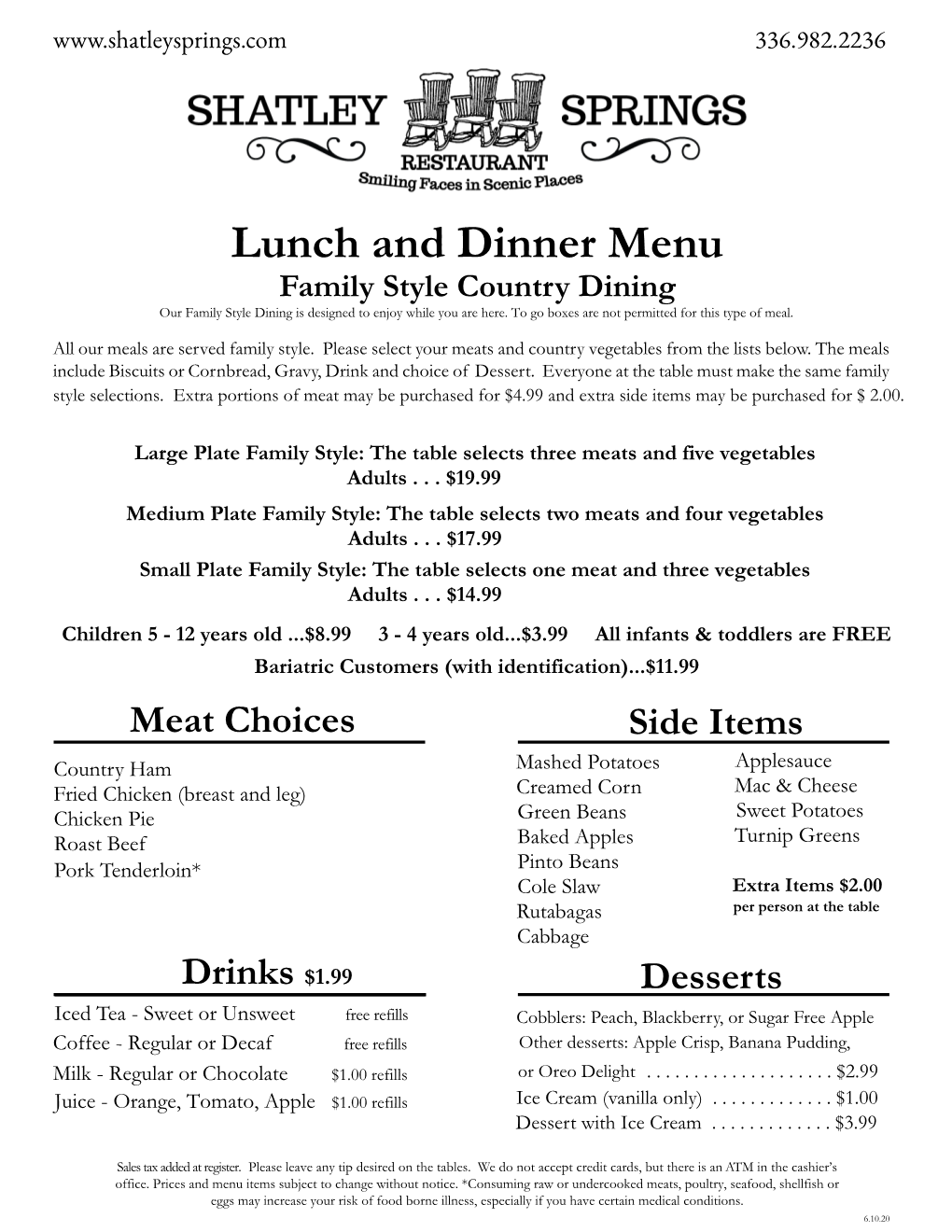 Lunch and Dinner Menu Family Style Country Dining Our Family Style Dining Is Designed to Enjoy While You Are Here