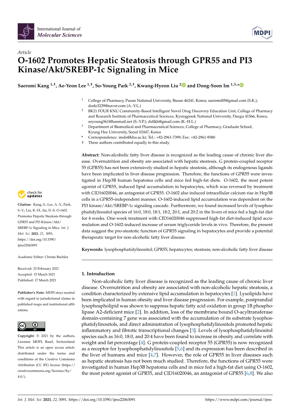 O-1602 Promotes Hepatic Steatosis Through GPR55 and PI3 Kinase/Akt/SREBP-1C Signaling in Mice