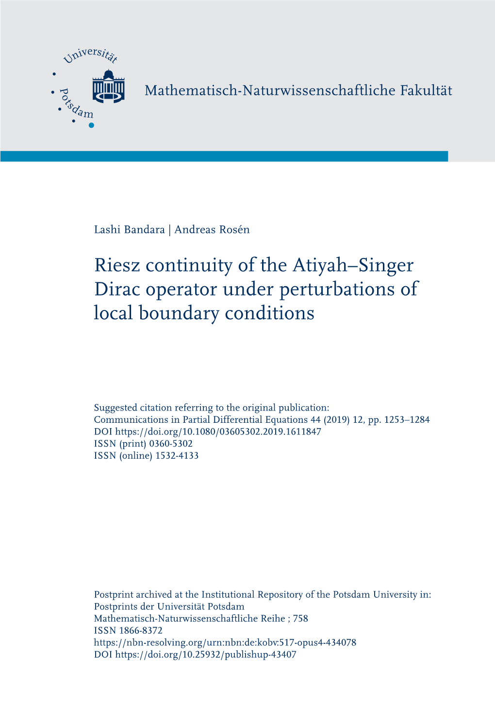 Riesz Continuity of the Atiyah–Singer Dirac Operator Under Perturbations of Local Boundary Conditions