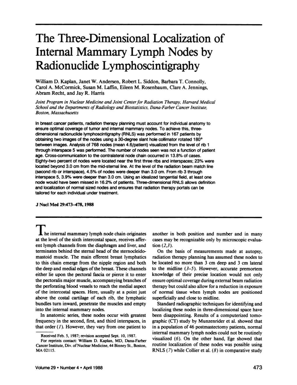 The Three-Dimensional Localization of Internalmammary Lymph Nodes by Radionucide Lymphoscintigraphy