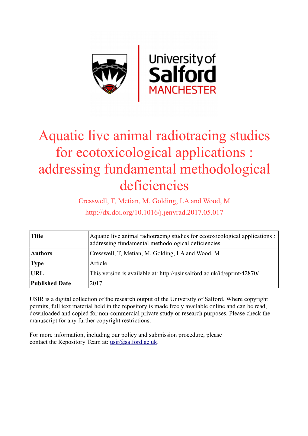 Aquatic Live Animal Radiotracing Studies for Ecotoxicological