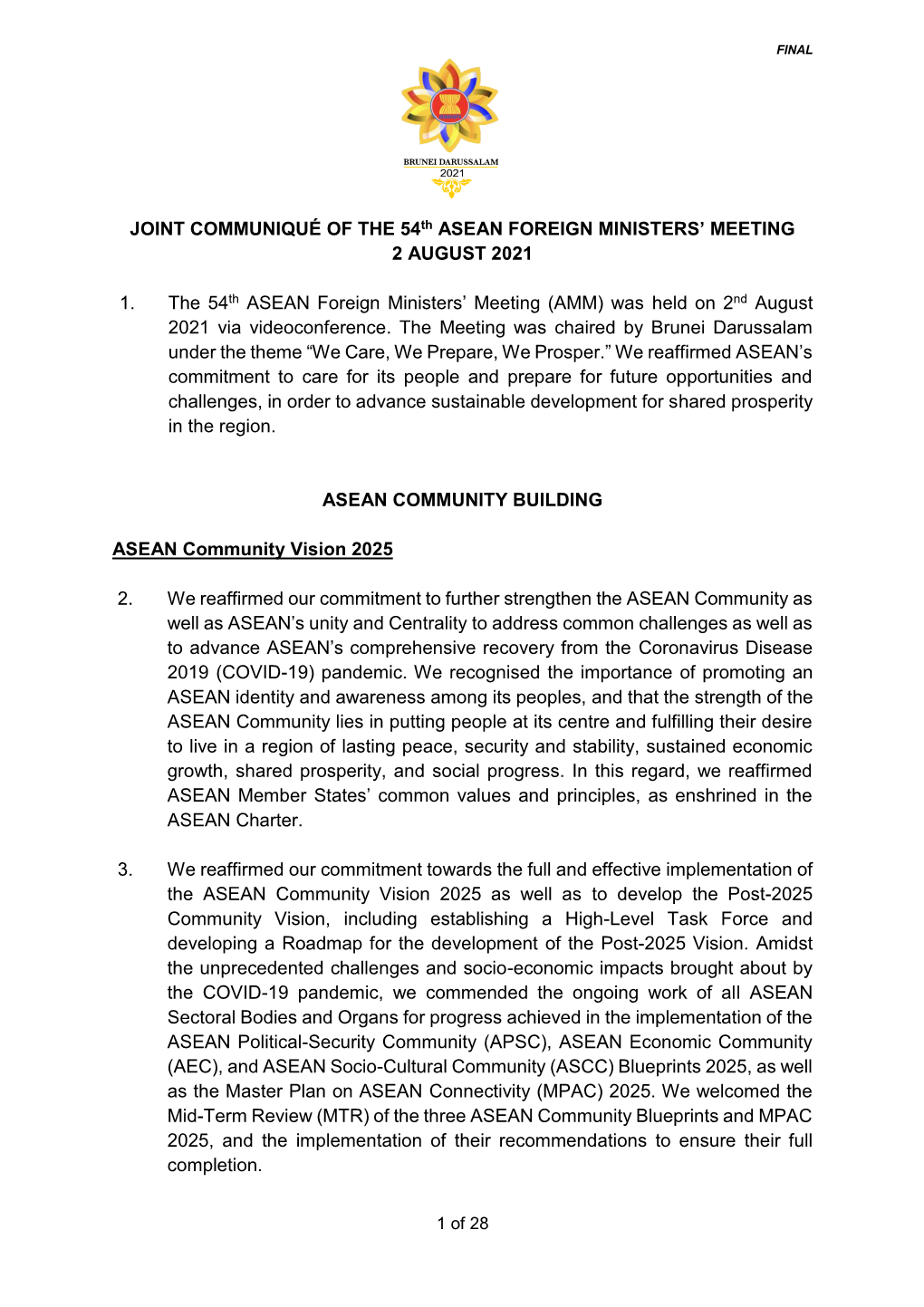 JOINT COMMUNIQUÉ of the 54Th ASEAN FOREIGN MINISTERS’ MEETING 2 AUGUST 2021