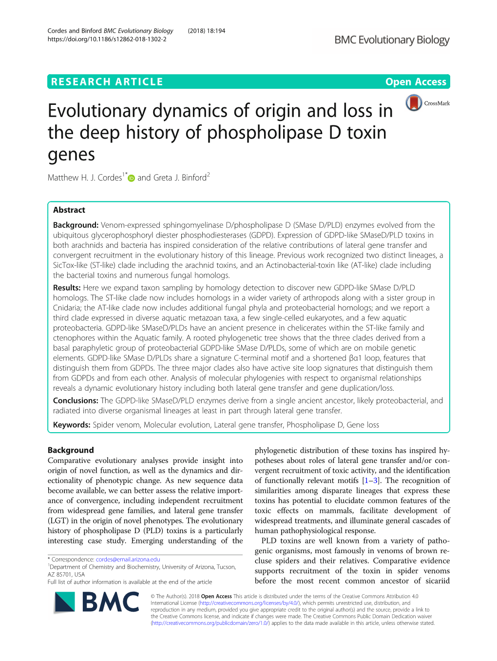 Evolutionary Dynamics of Origin and Loss in the Deep History of Phospholipase D Toxin Genes Matthew H