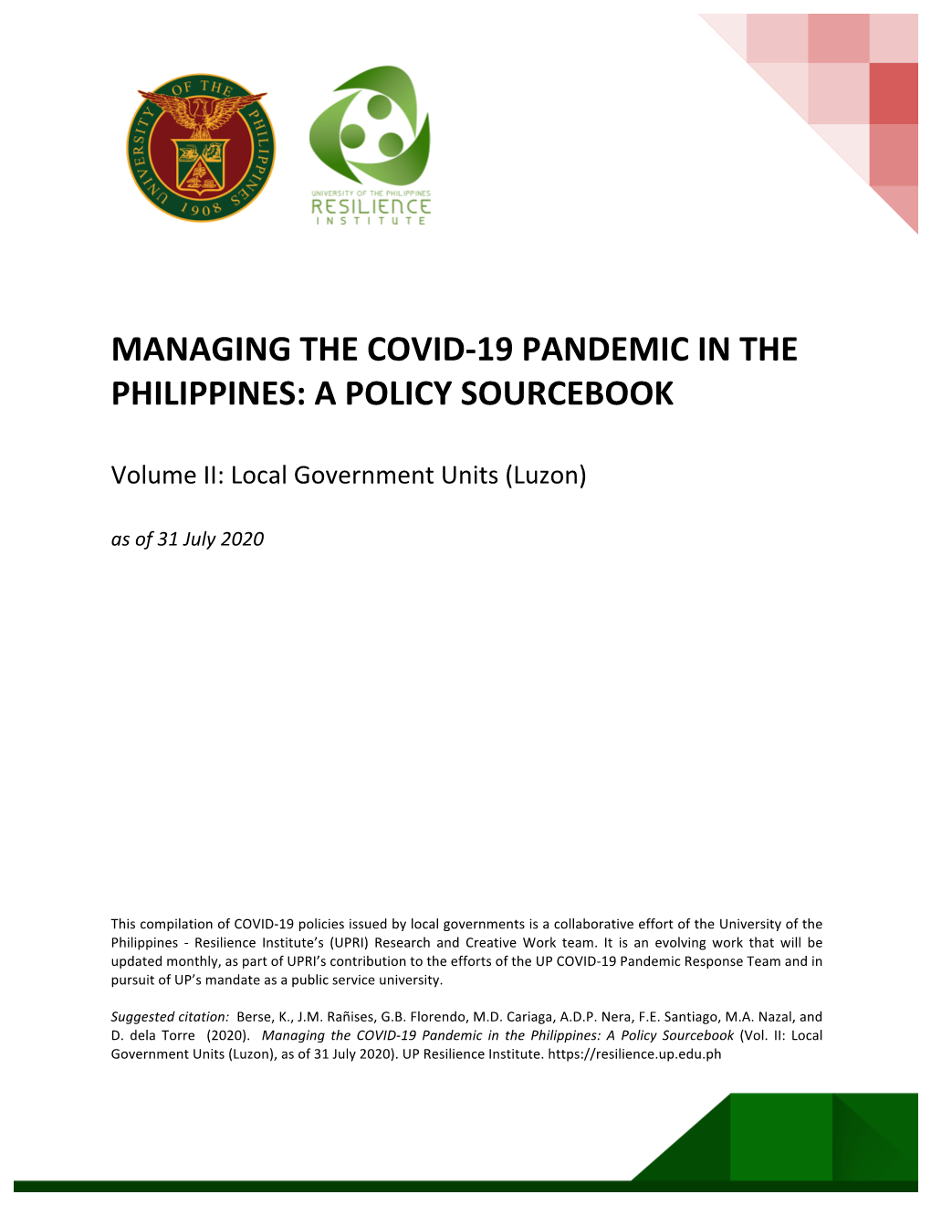 Managing the Covid-19 Pandemic in the Philippines: a Policy Sourcebook