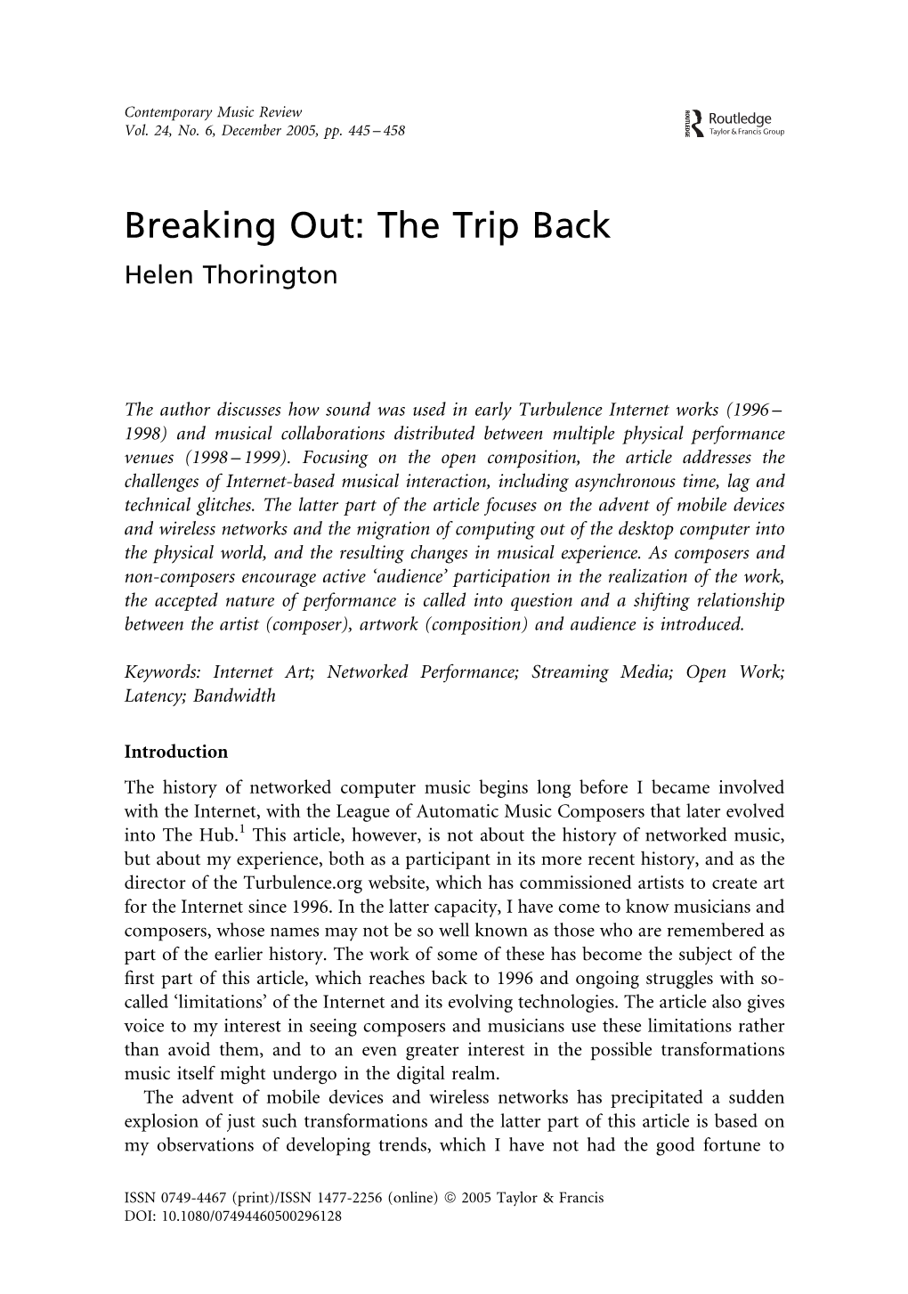 Helen Thorington, Breaking Out: the Trip Back