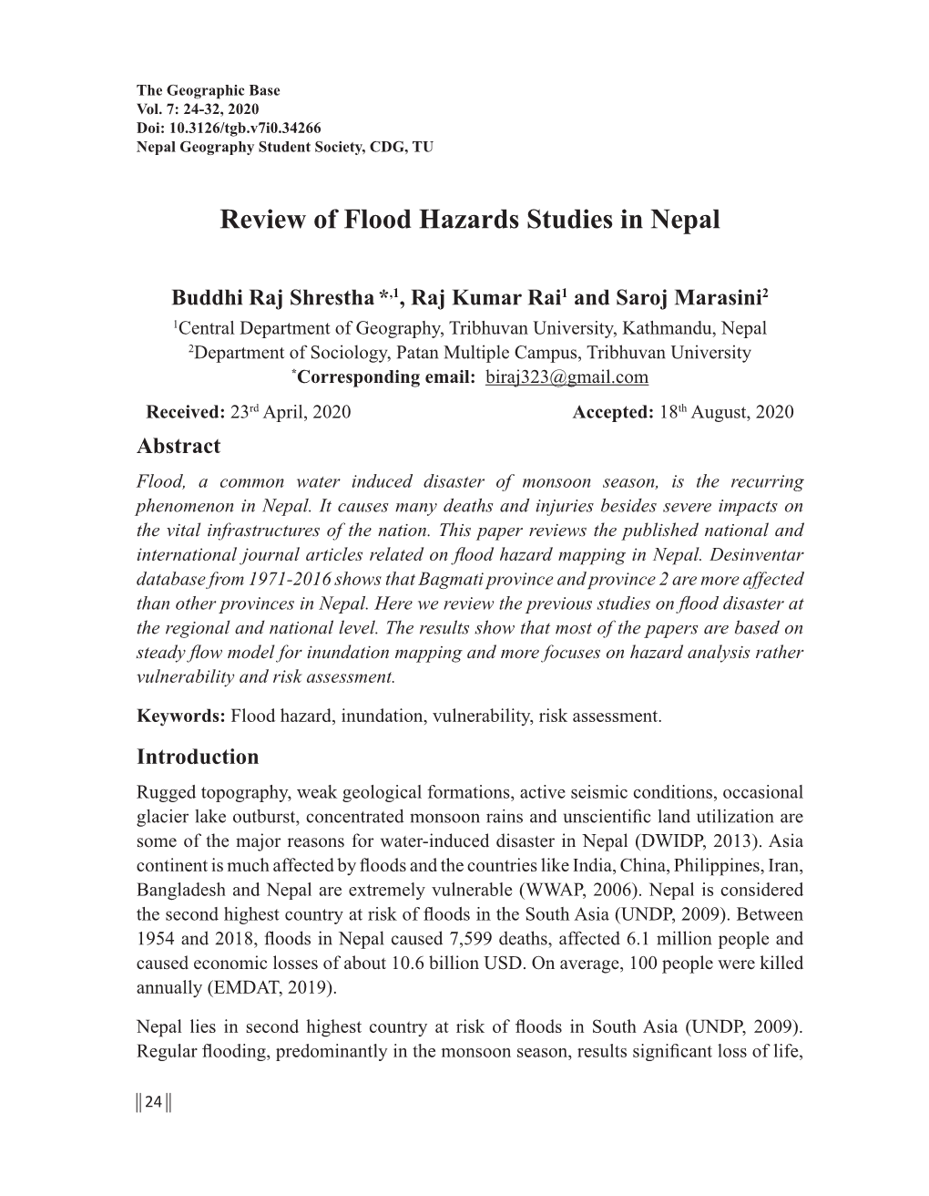 Review of Flood Hazards Studies in Nepal