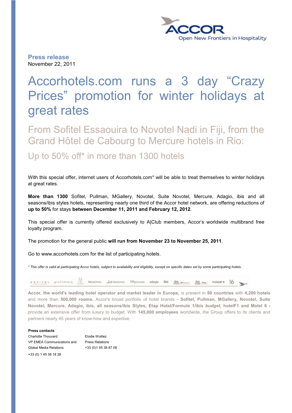 Accorhotels.Com Runs a 3 Day “Crazy Prices” Promotion for Winter Holidays at Great Rates