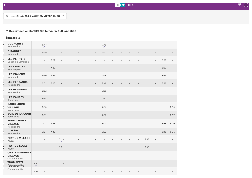 CITEA 20E Show Map Departures on 04/20/0200 Between 6:40 and 8:15 DOURCINES GIRARDES LES PERROTS LES CROTTES LES PIALOUX LES