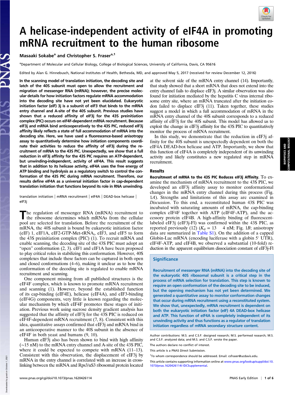 A Helicase-Independent Activity of Eif4a in Promoting Mrna Recruitment to the Human Ribosome