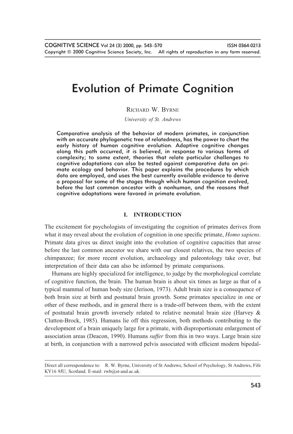 Evolution of Primate Cognition