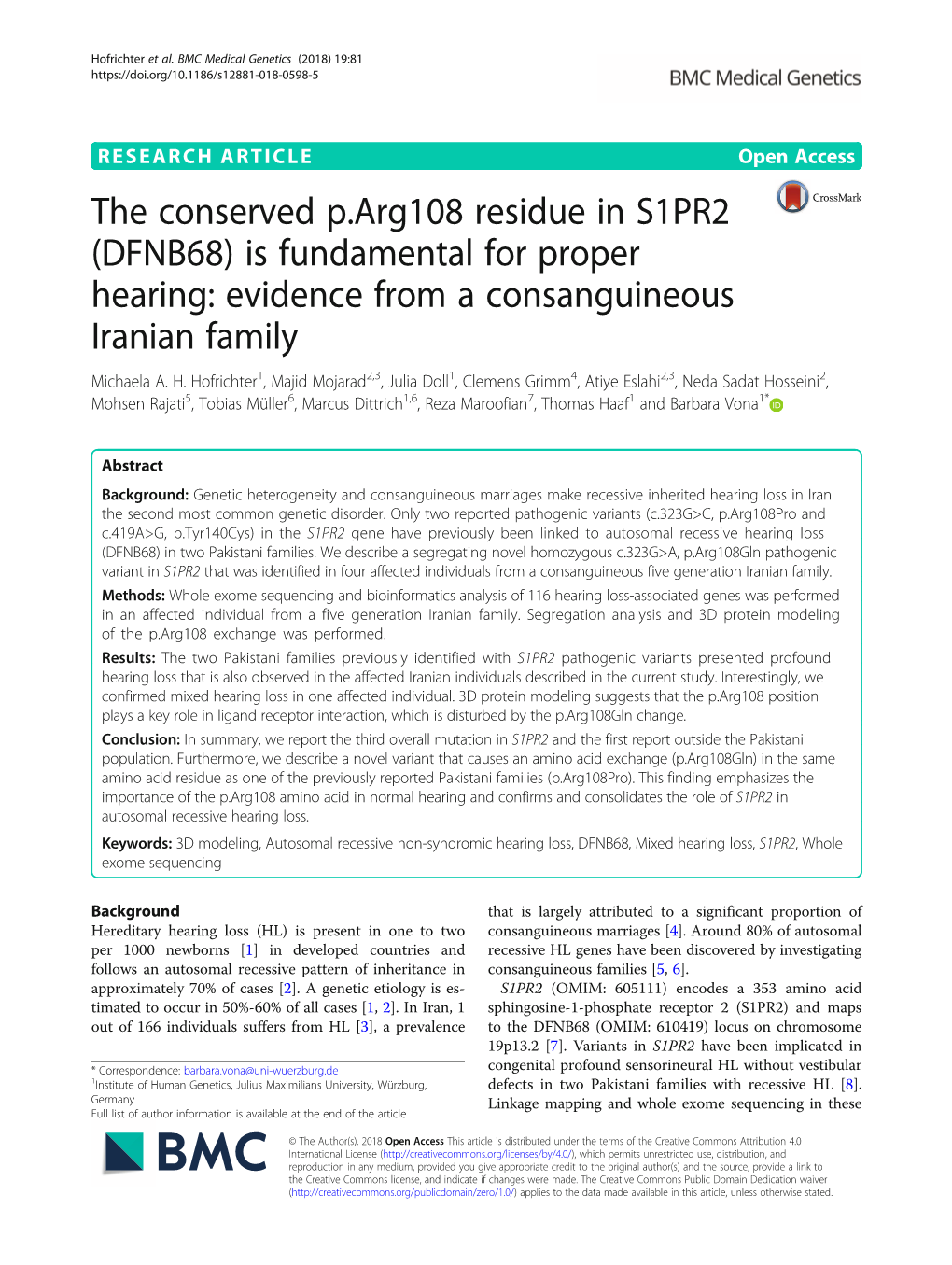 The Conserved P.Arg108 Residue in S1PR2 (DFNB68) Is Fundamental for Proper Hearing: Evidence from a Consanguineous Iranian Family Michaela A