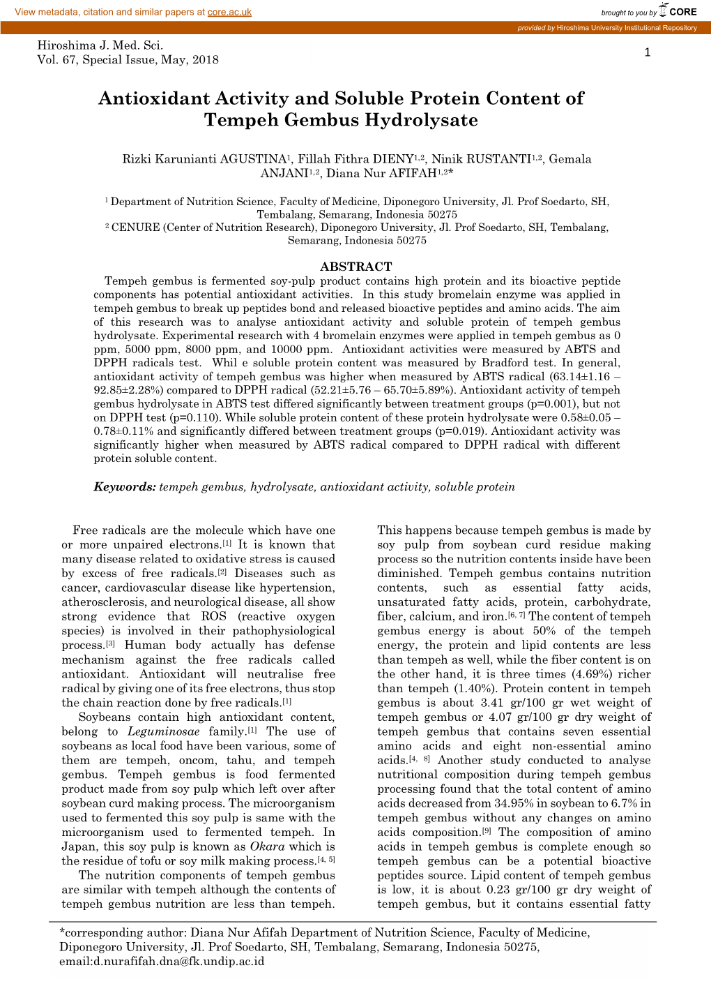 Antioxidant Activity and Soluble Protein Content of Tempeh Gembus Hydrolysate