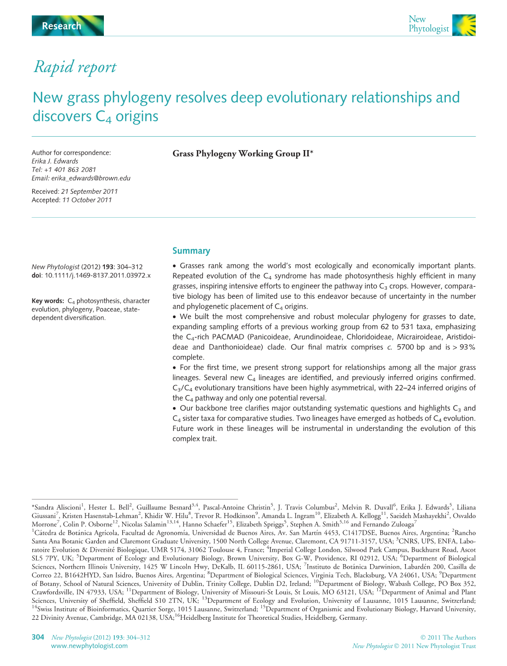 New Grass Phylogeny Resolves Deep Evolutionary Relationships and Discovers C4 Origins