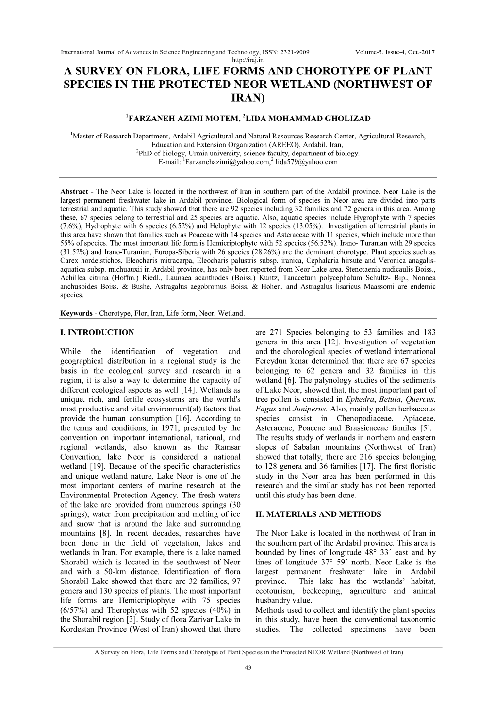 A Survey on Flora, Life Forms and Chorotype of Plant Species in the Protected Neor Wetland (Northwest of Iran)