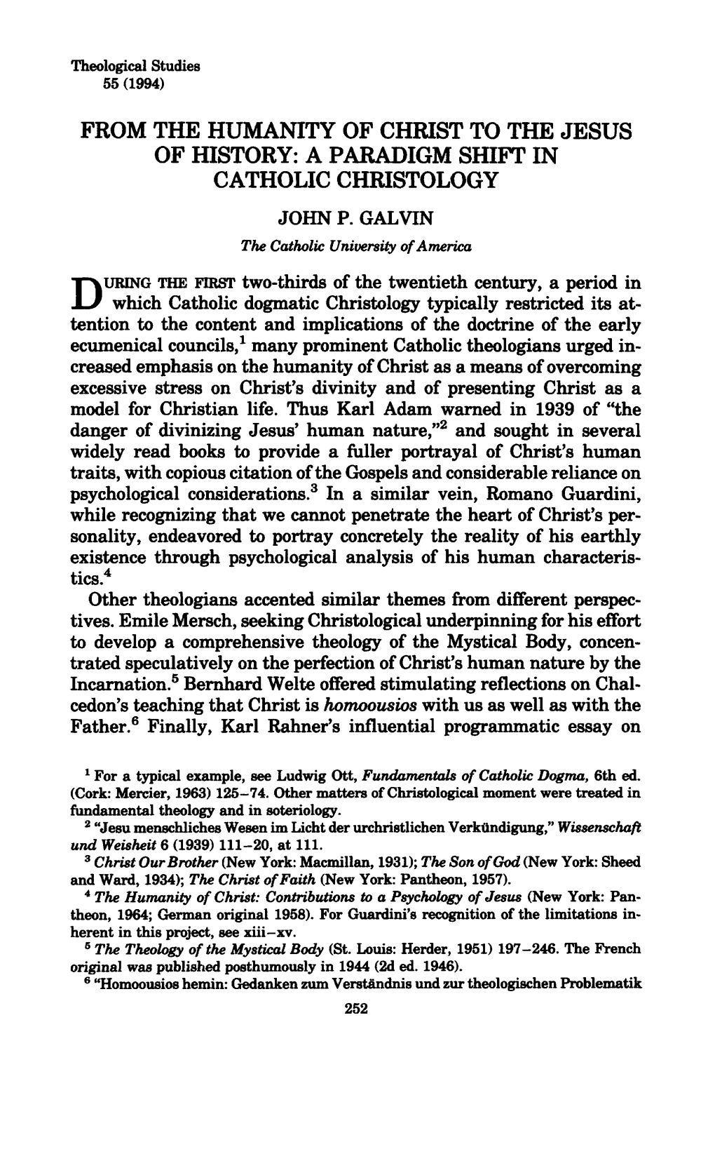 From the Humanity of Christ to the Jesus of History: a Paradigm Shift in Catholic Christology John P