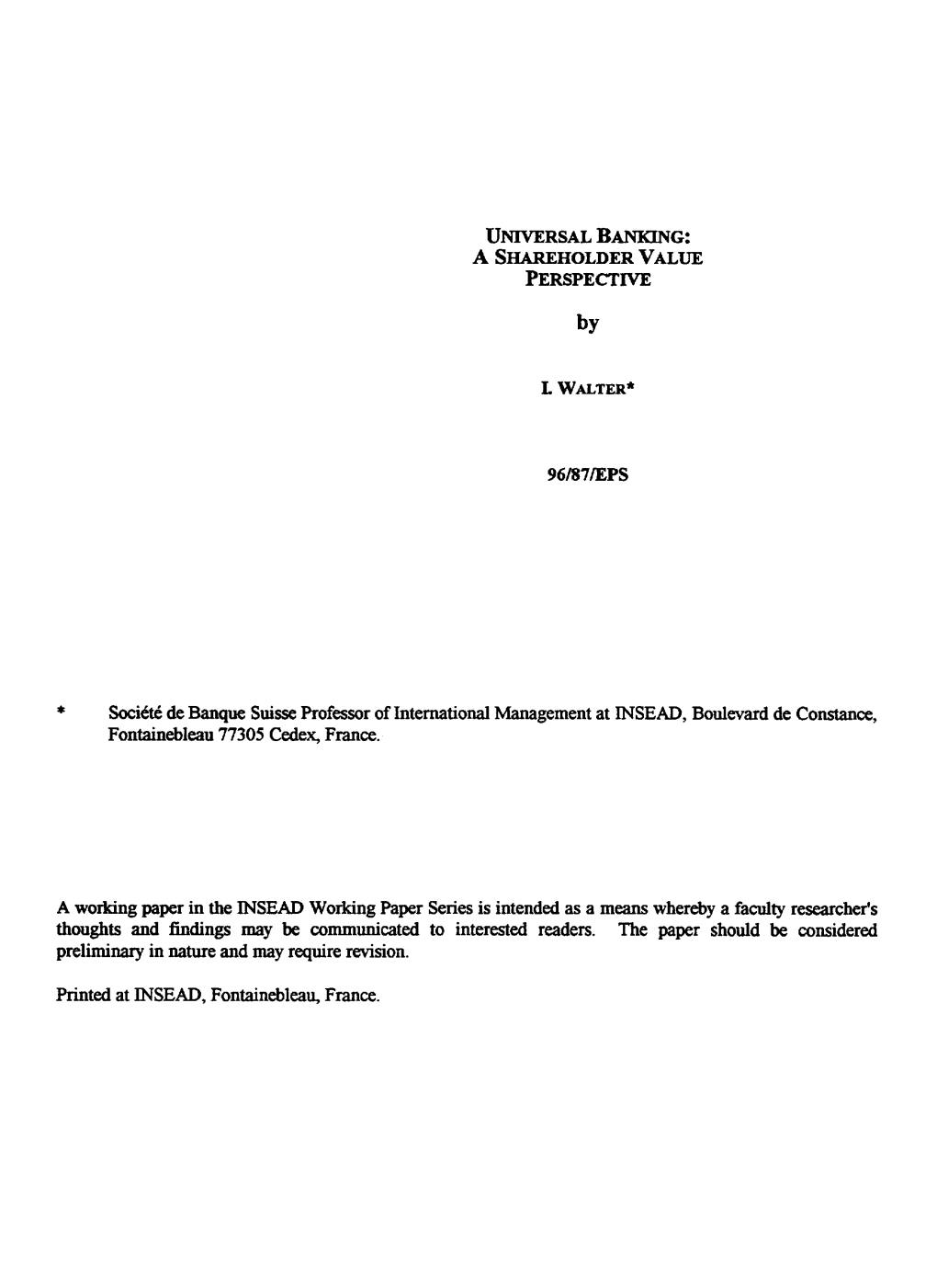 Universal Banking: a Shareholder Value Perspective