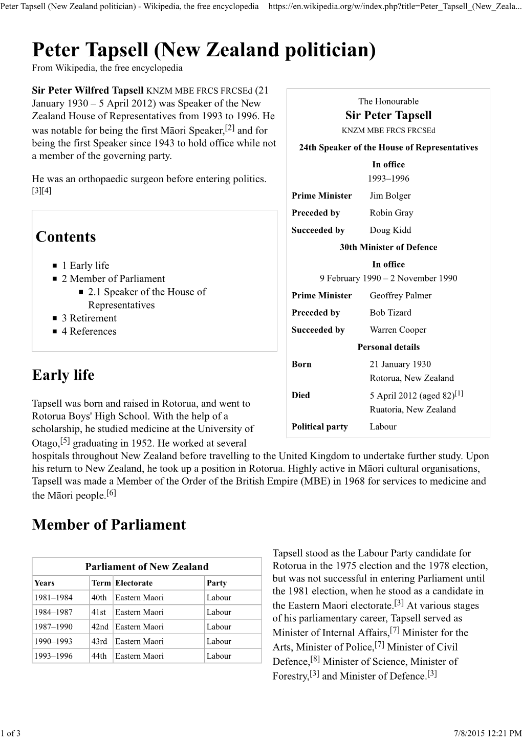 Peter Tapsell (New Zealand Politician) - Wikipedia, the Free Encyclopedia