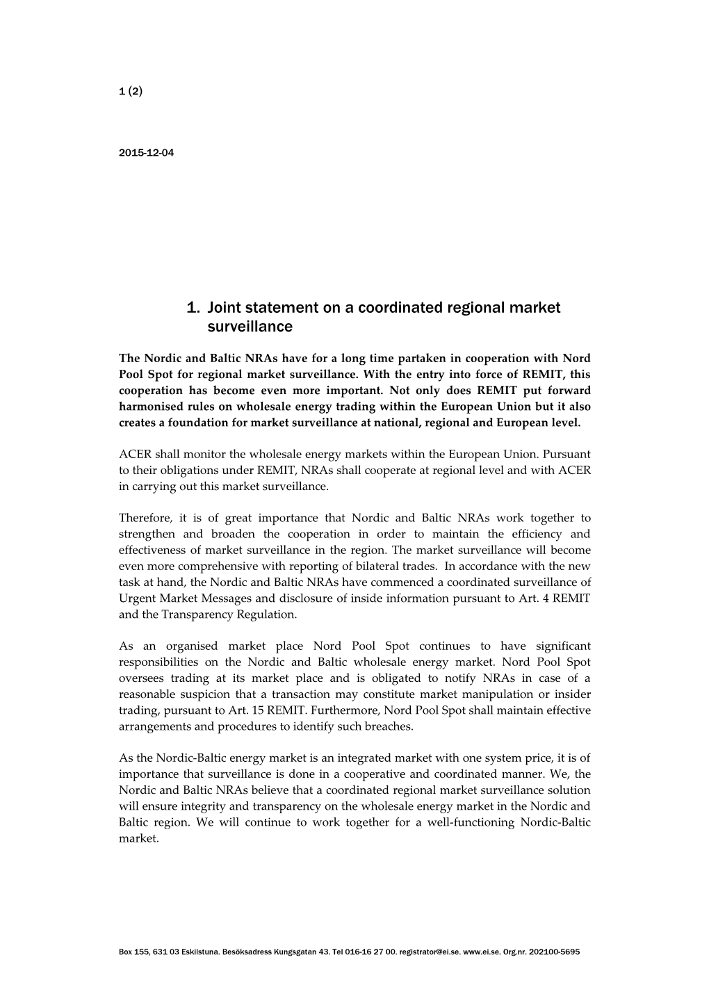 Joint Statement on a Coordinated Regional Market Surveillance