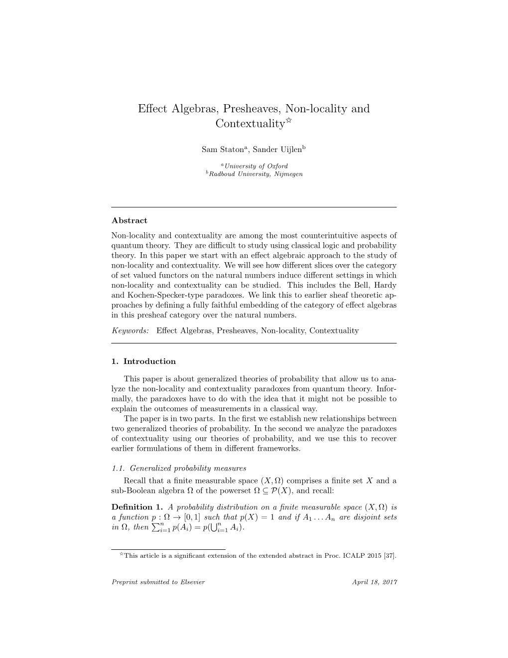 Effect Algebras, Presheaves, Non-Locality and Contextuality$