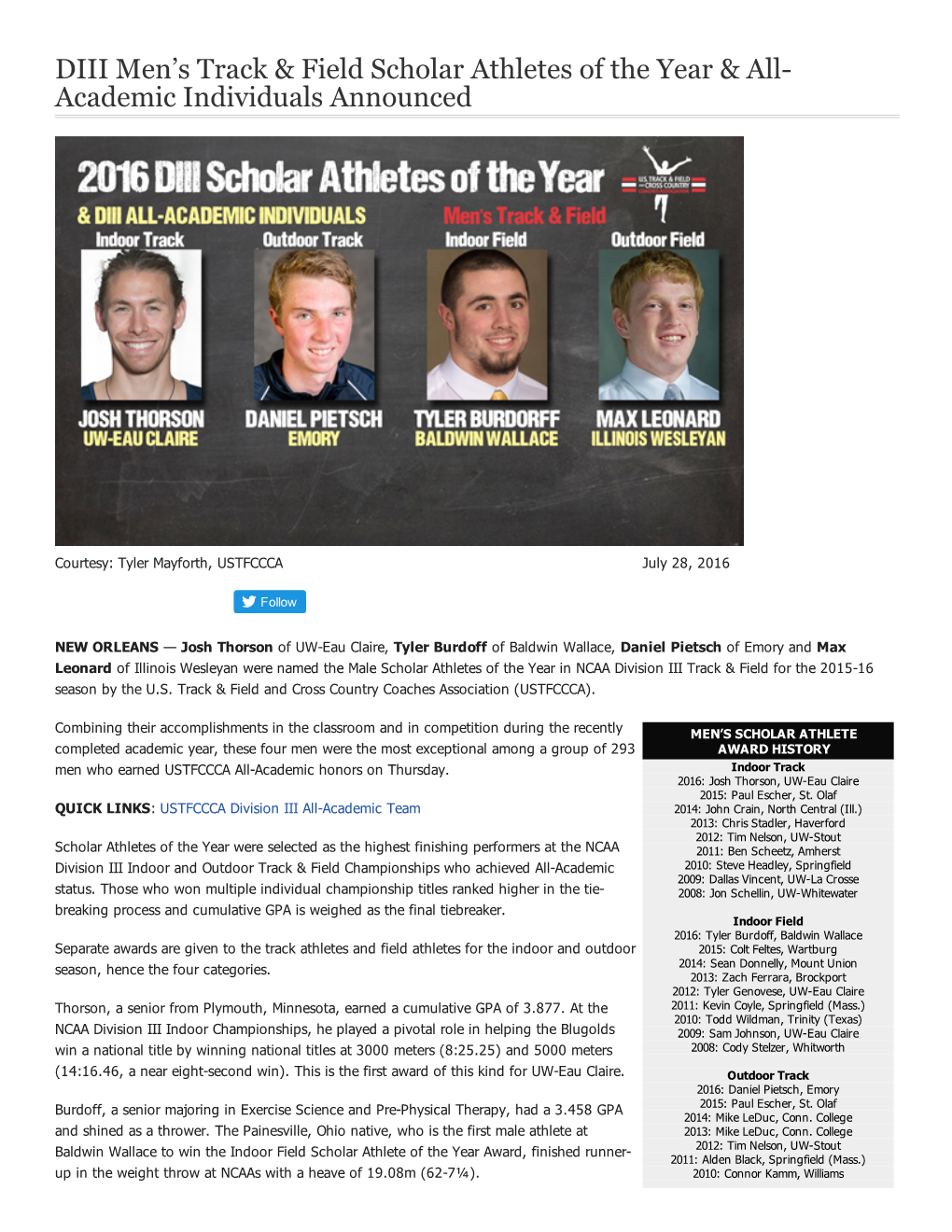 DIII Men's Track & Field Scholar Athletes of the Year & All Academic Individuals Announced