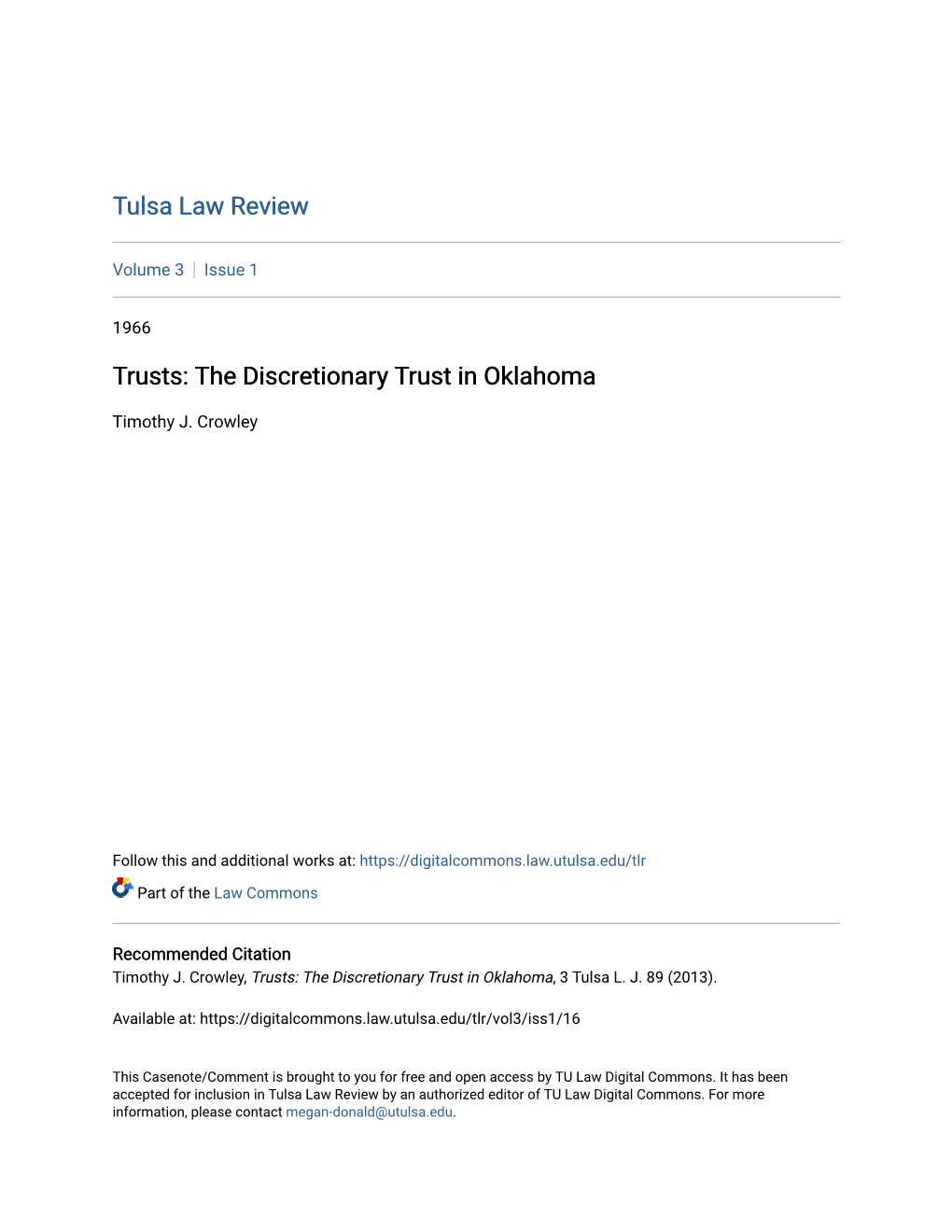 Trusts: the Discretionary Trust in Oklahoma