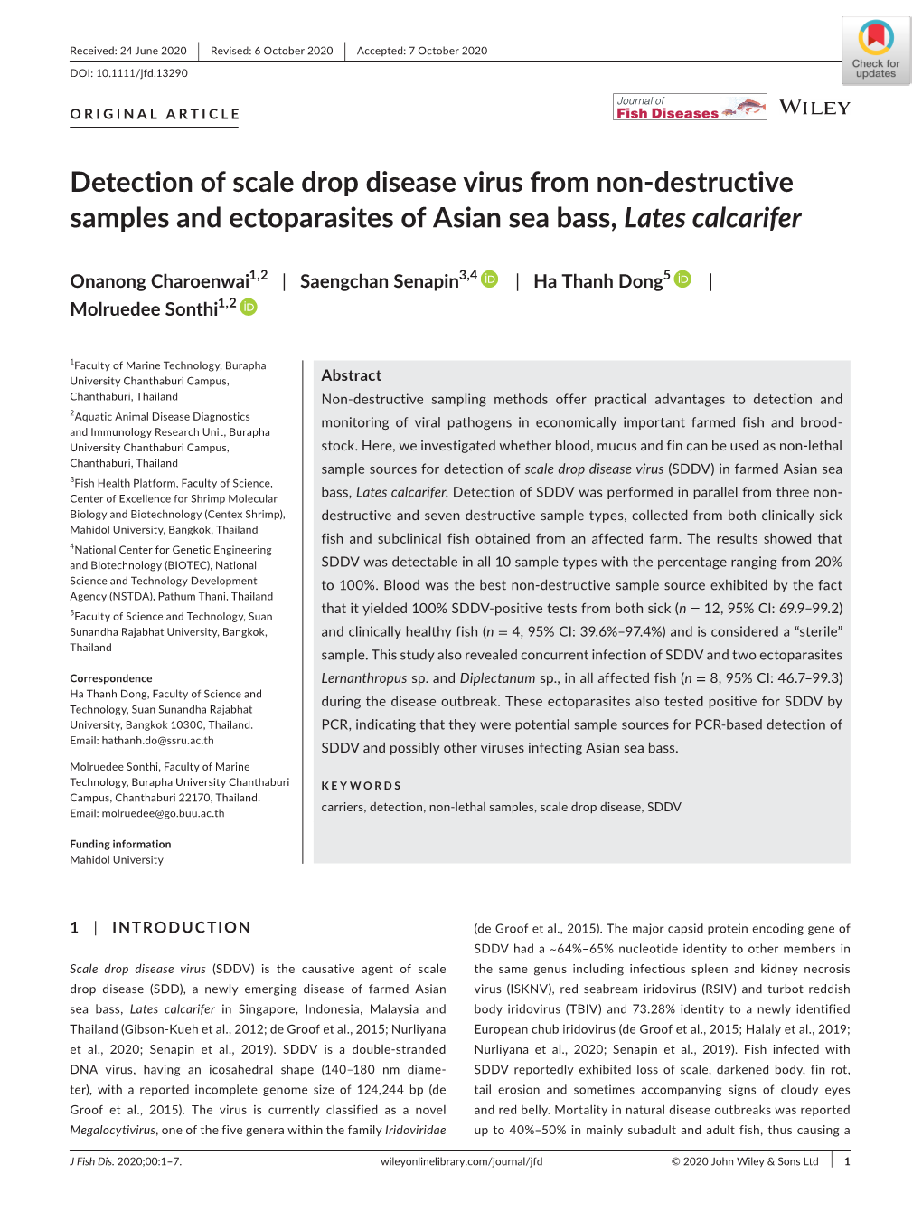 Detection of Scale Drop Disease Virus from Non‐Destructive Samples and Ectoparasites of Asian Sea Bass, Lates Calcarifer