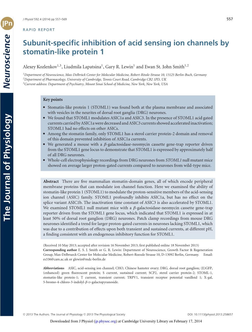 Subunitspecific Inhibition of Acid Sensing Ion Channels by Stomatinlike Protein 1