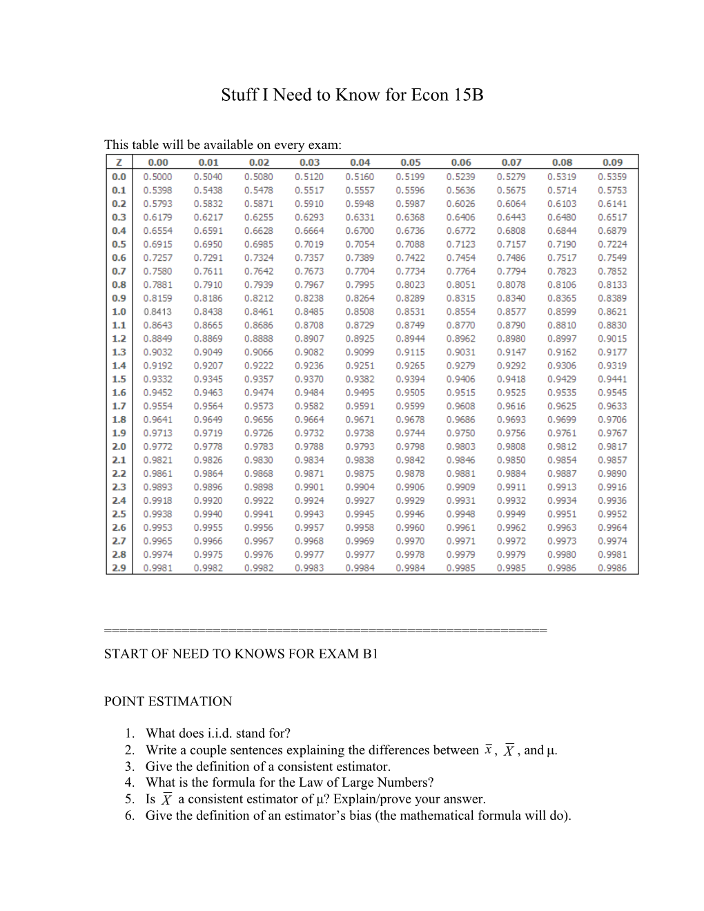 Stuff I Need to Know for Econ 15B