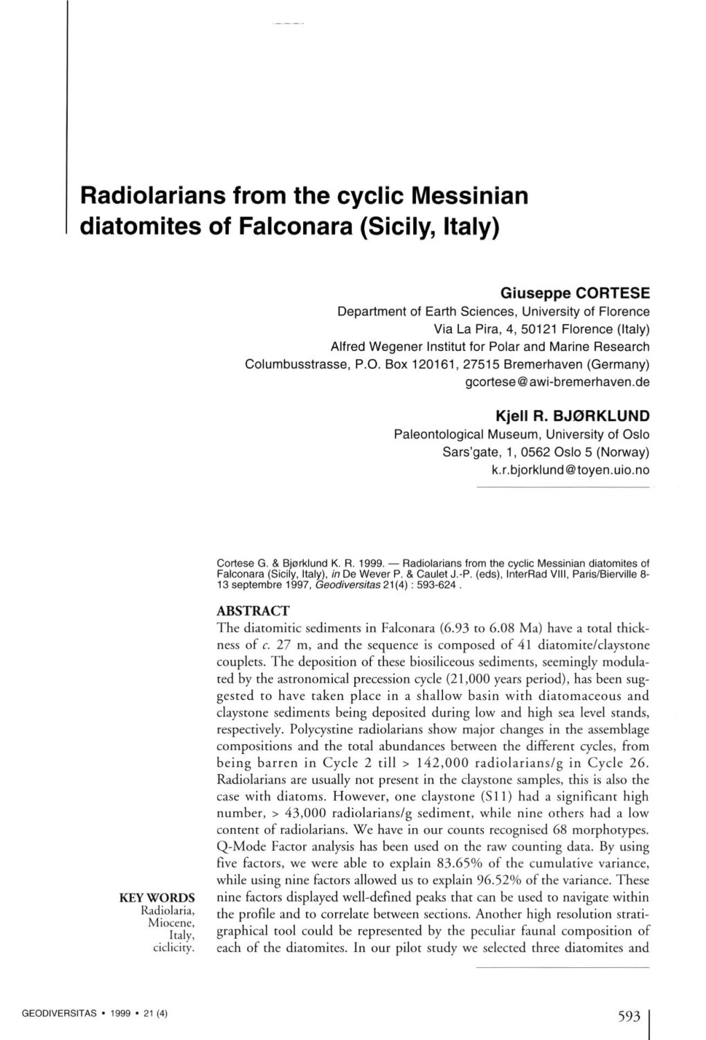 Radiolarians from the Cyclic Messinian Diatomites of Falconara (Sicily, Italy)