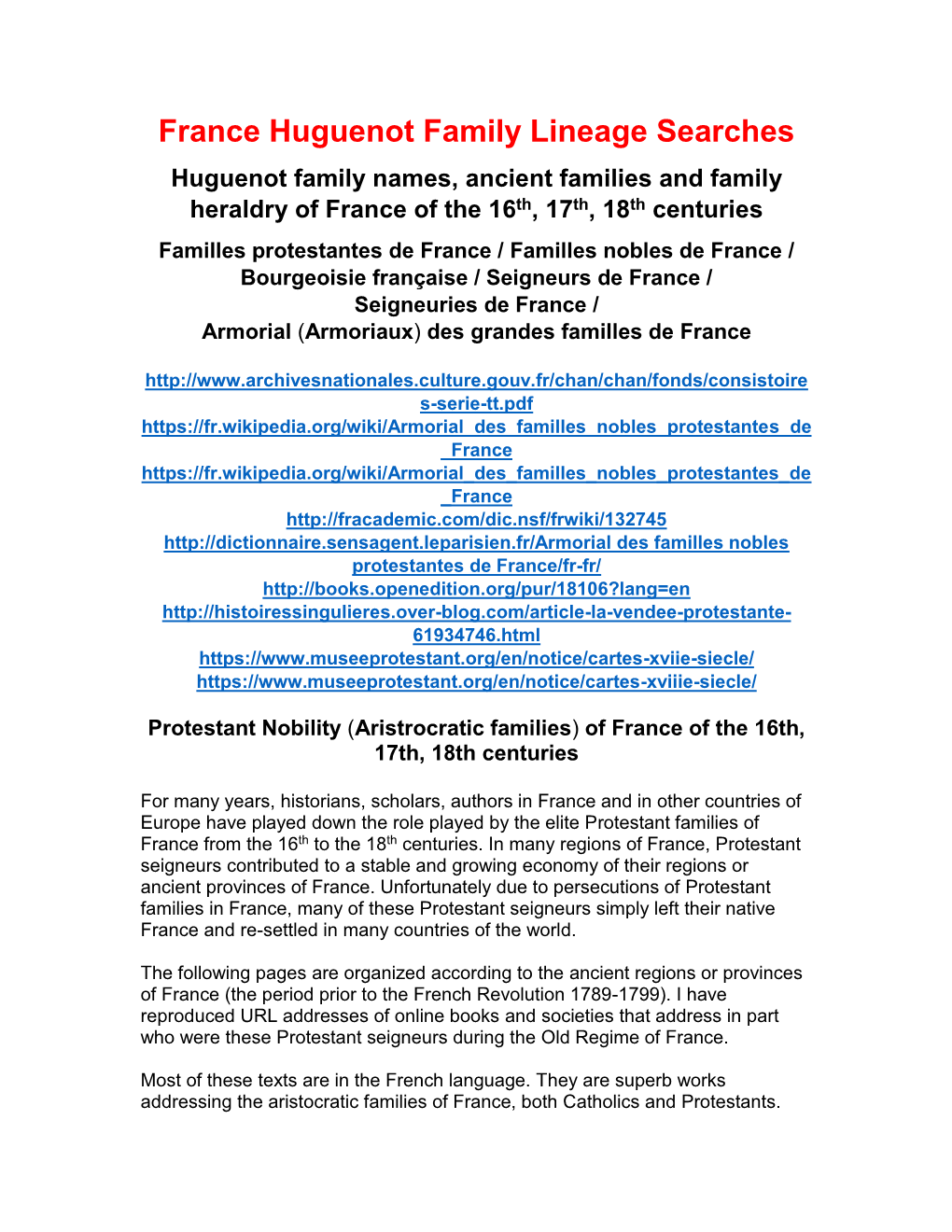 France Huguenot Family Lineage Searches