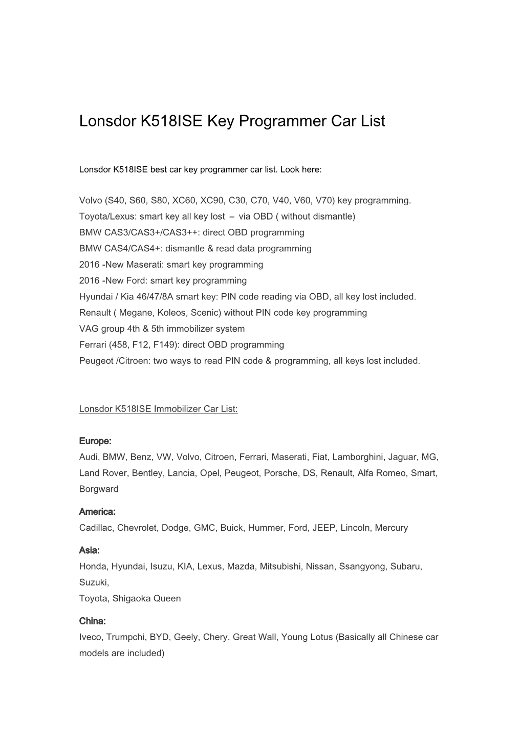 Lonsdor K518ISE Key Programmer Car List
